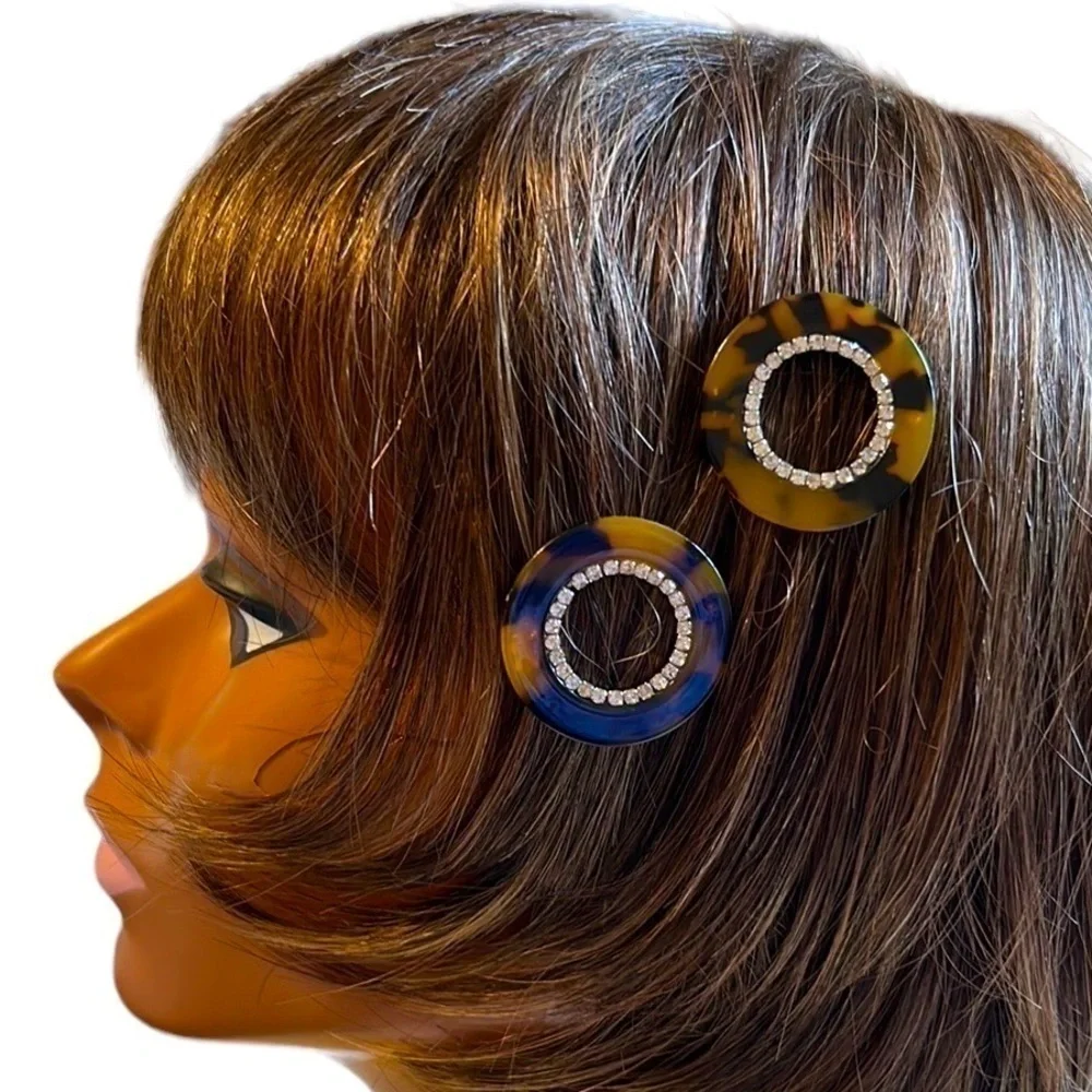 PAIR of Faux Tortoise Shell with Rhinestone Barettes NWOT